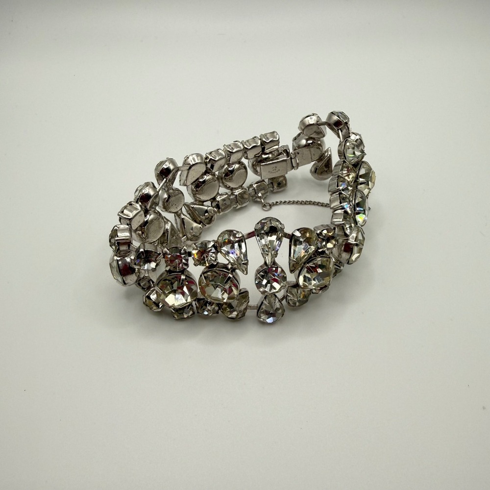 Kramer of NY Vintage Rhinestone Bracelet Silver Tone Clear Crystal Statement 7in